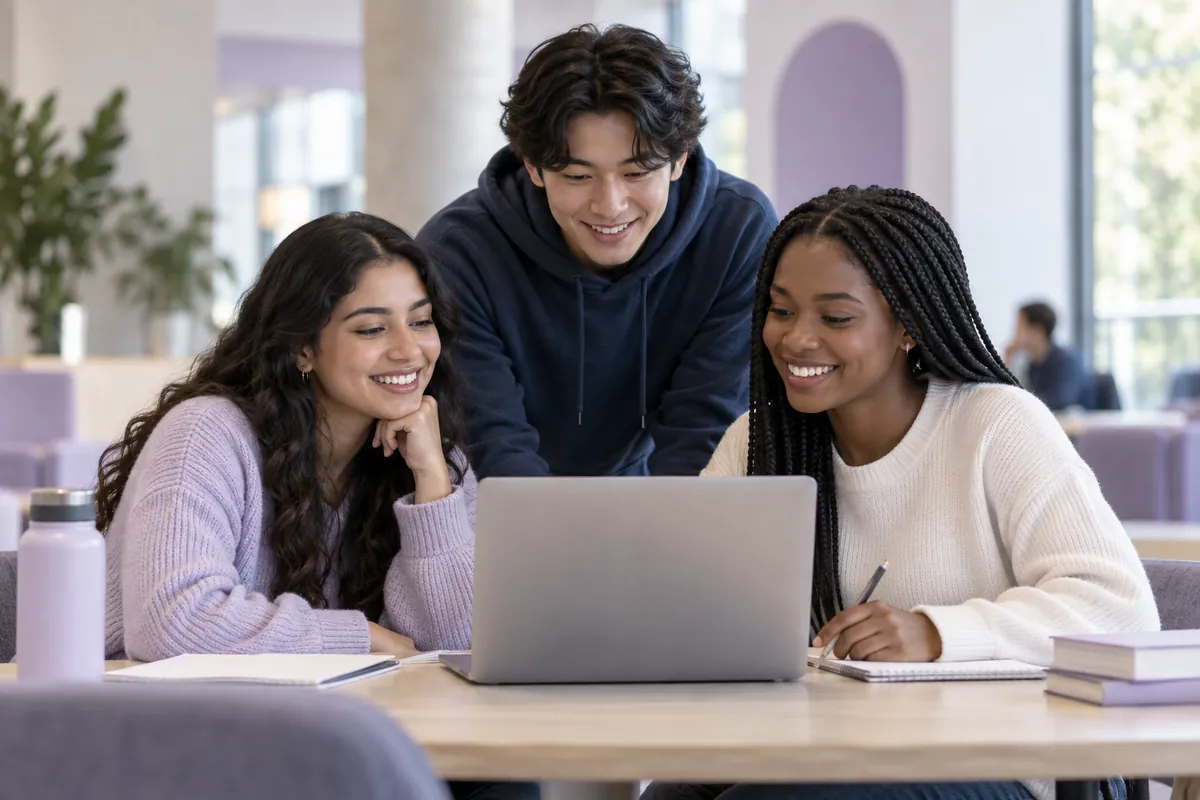 Students collaborating around a laptop