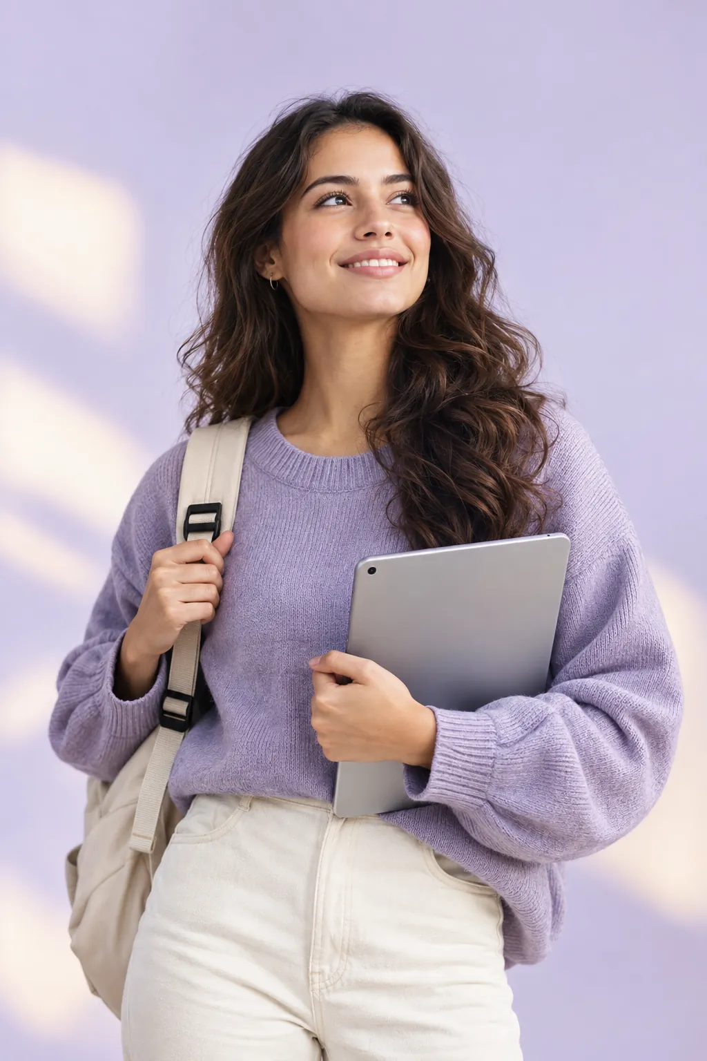 Student holding a tablet and looking toward the future
